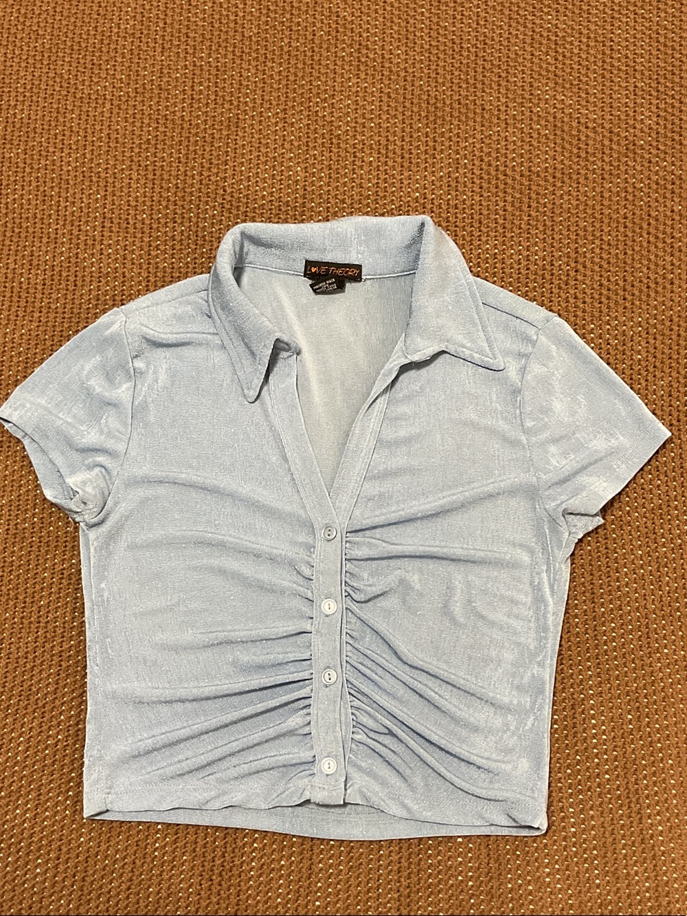 White House Black Market Pale Blue Ruched Button-Front Crop Shirt